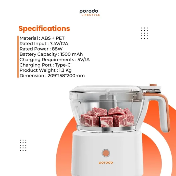 This is a portable and rechargeable electric food processor designed for chopping meat, vegetables, fruits, and nuts, featuring stainless steel blades and two size containers for efficient meal preparation with long battery life.