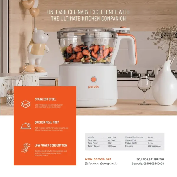 This is a portable and rechargeable electric food processor designed for chopping meat, vegetables, fruits, and nuts, featuring stainless steel blades and two size containers for efficient meal preparation with long battery life.