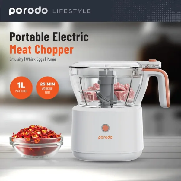 This is a portable and rechargeable electric food processor designed for chopping meat, vegetables, fruits, and nuts, featuring stainless steel blades and two size containers for efficient meal preparation with long battery life.