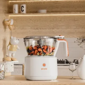 This is a portable and rechargeable electric food processor designed for chopping meat, vegetables, fruits, and nuts, featuring stainless steel blades and two size containers for efficient meal preparation with long battery life.