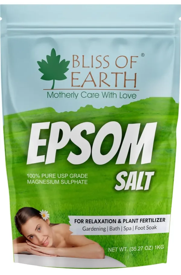 A one-kilogram bag of Epsom salt for relaxing baths, muscle pain relief, soothing skin, foot soaks and plant care.