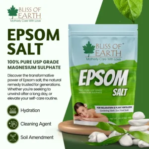 A one-kilogram bag of Epsom salt for relaxing baths, muscle pain relief, soothing skin, foot soaks and plant care.