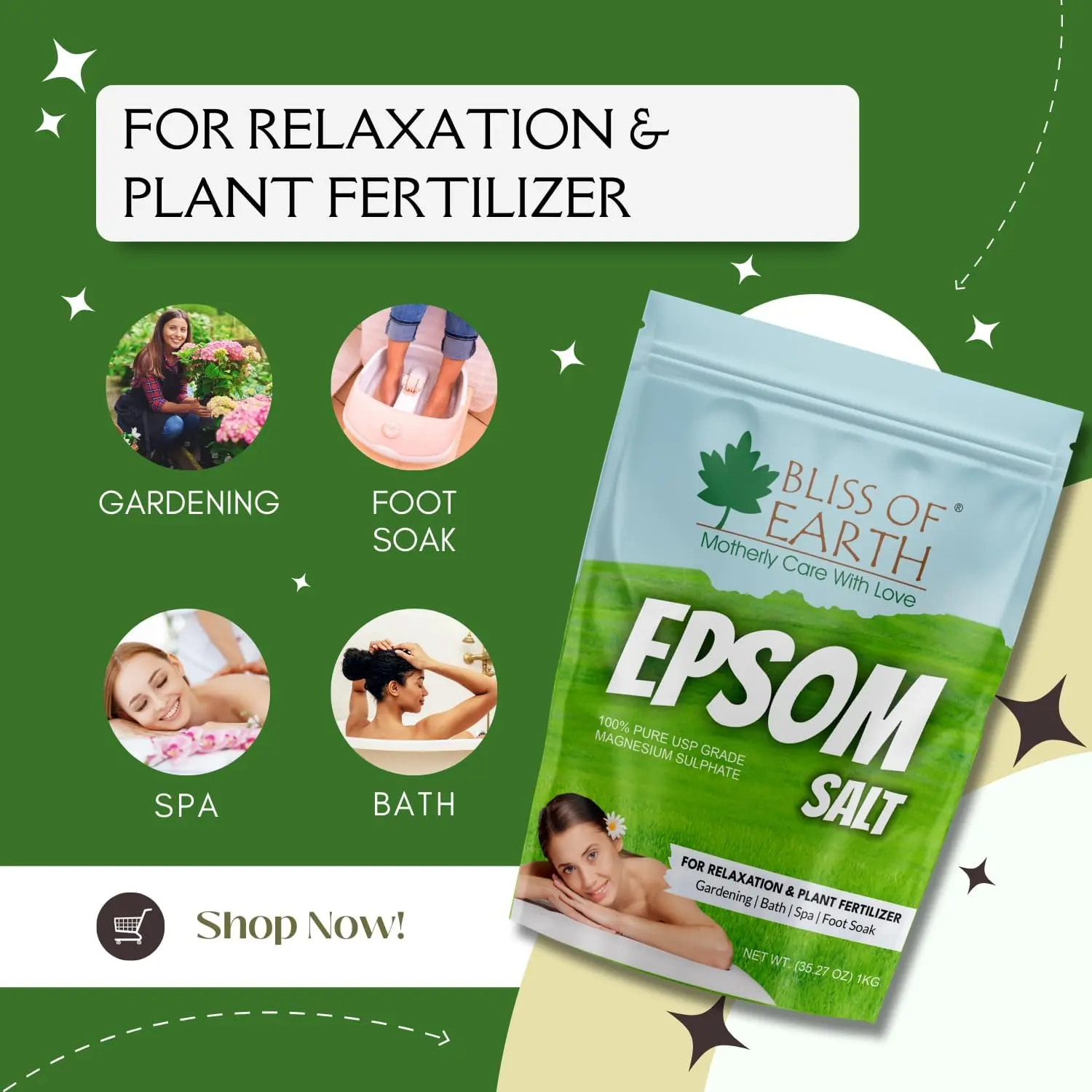 A one-kilogram bag of Epsom salt for relaxing baths, muscle pain relief, soothing skin, foot soaks and plant care.