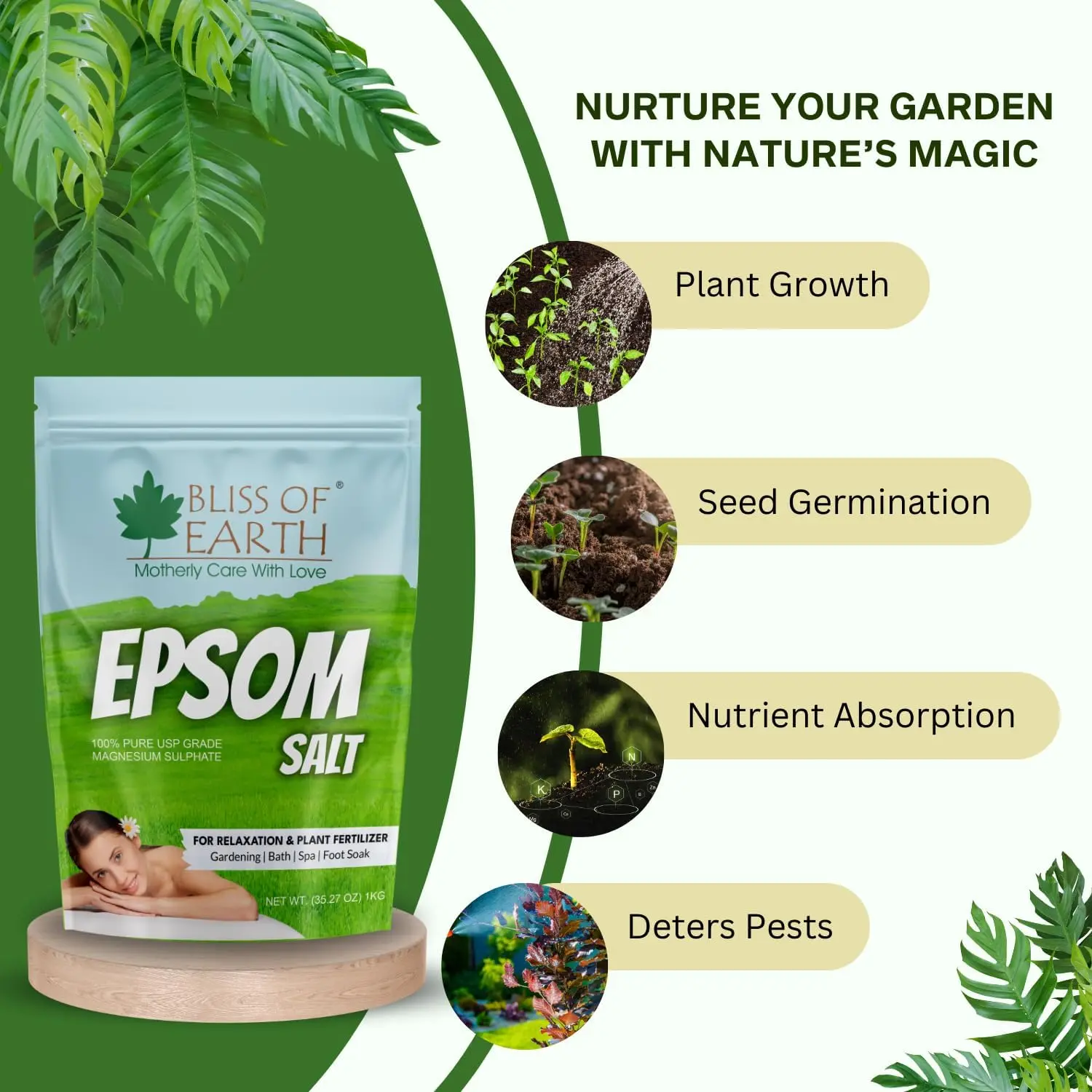 A one-kilogram bag of Epsom salt for relaxing baths, muscle pain relief, soothing skin, foot soaks and plant care.