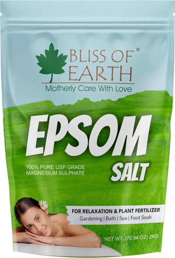 A one-kilogram bag of Epsom salt for relaxing baths, muscle pain relief, soothing skin, foot soaks and plant care.