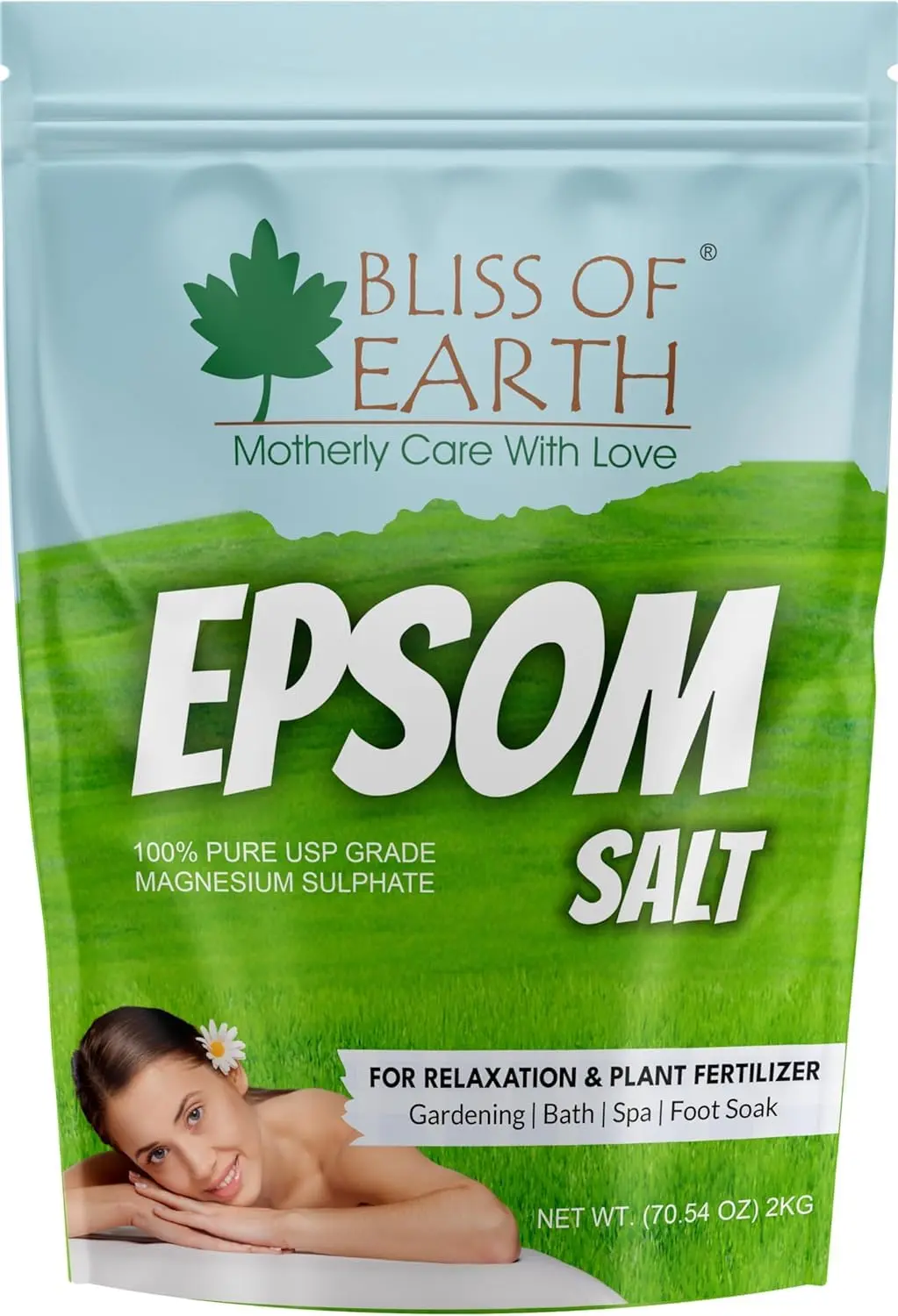 A one-kilogram bag of Epsom salt for relaxing baths, muscle pain relief, soothing skin, foot soaks and plant care.