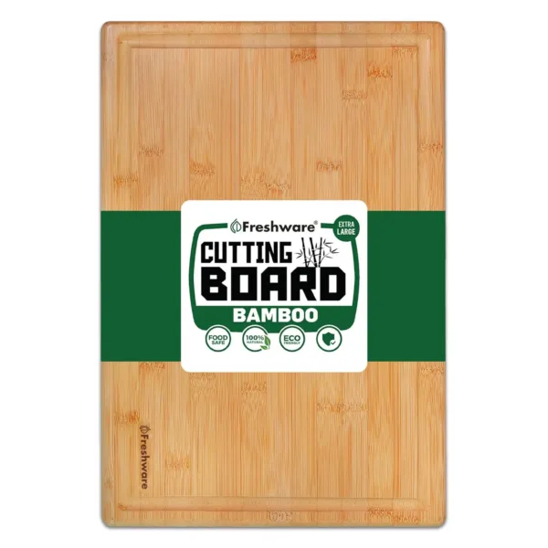This extra large bamboo cutting board is made of high-quality Moso bamboo, features a unique vertical and horizontal construction for strength, and is perfect for carving roasts or serving appetizers.