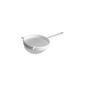 A Fackelmann Arcad 17cm white and silver sieve is shown, highlighting its simple and comfortable design for everyday kitchen use.