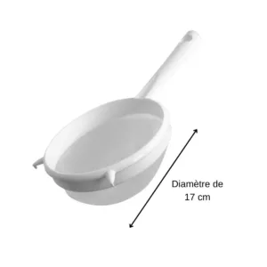 A Fackelmann Arcad 17cm white and silver sieve is shown, highlighting its simple and comfortable design for everyday kitchen use.