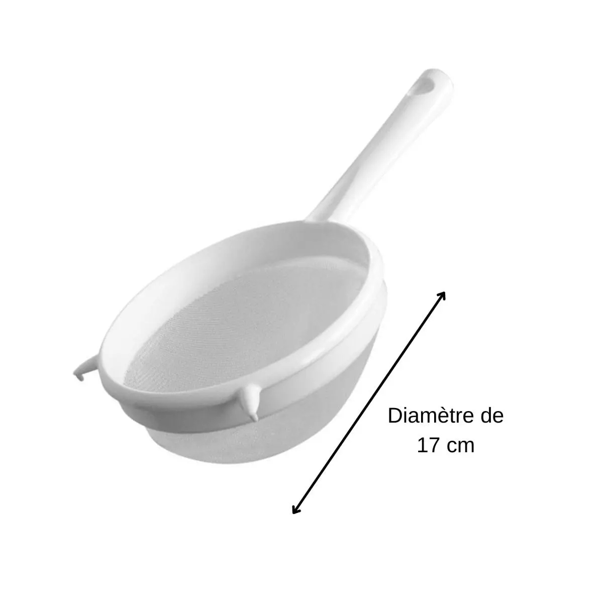 A Fackelmann Arcad 17cm white and silver sieve is shown, highlighting its simple and comfortable design for everyday kitchen use.