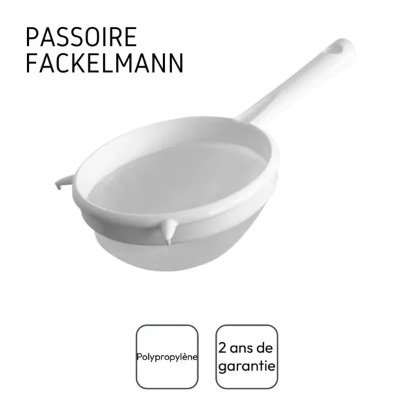 A Fackelmann Arcad 17cm white and silver sieve is shown, highlighting its simple and comfortable design for everyday kitchen use.