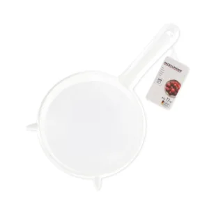 A Fackelmann Arcad 17cm white and silver sieve is shown, highlighting its simple and comfortable design for everyday kitchen use.