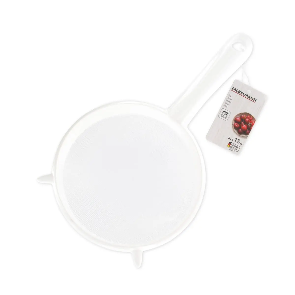A Fackelmann Arcad 17cm white and silver sieve is shown, highlighting its simple and comfortable design for everyday kitchen use.