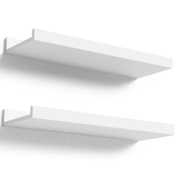 This set of two white floating shelves with a front lip provides sturdy and stylish wall-mounted storage for displaying pictures, books, plants, and decorative items in any room.