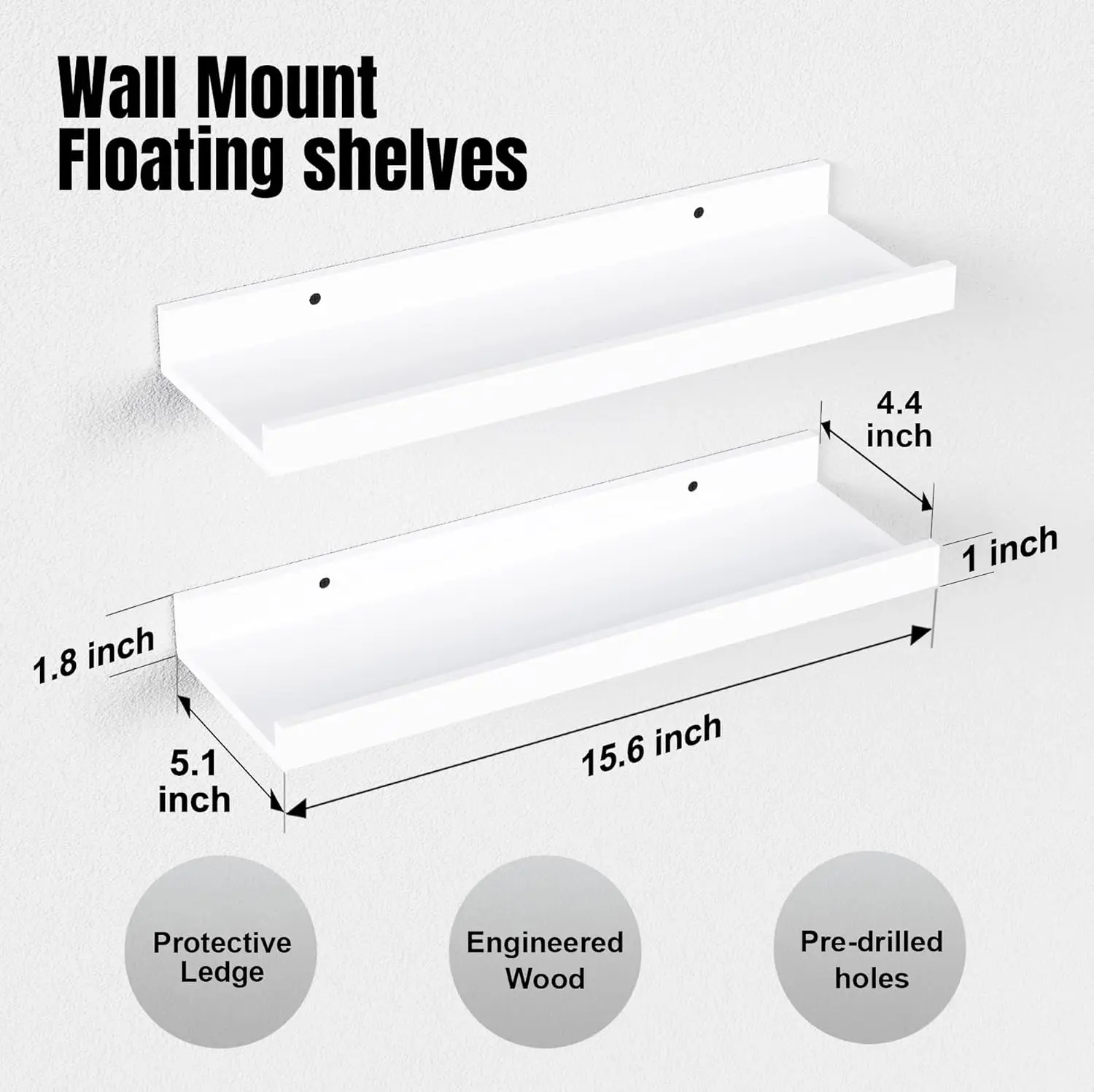This set of two white floating shelves with a front lip provides sturdy and stylish wall-mounted storage for displaying pictures, books, plants, and decorative items in any room.