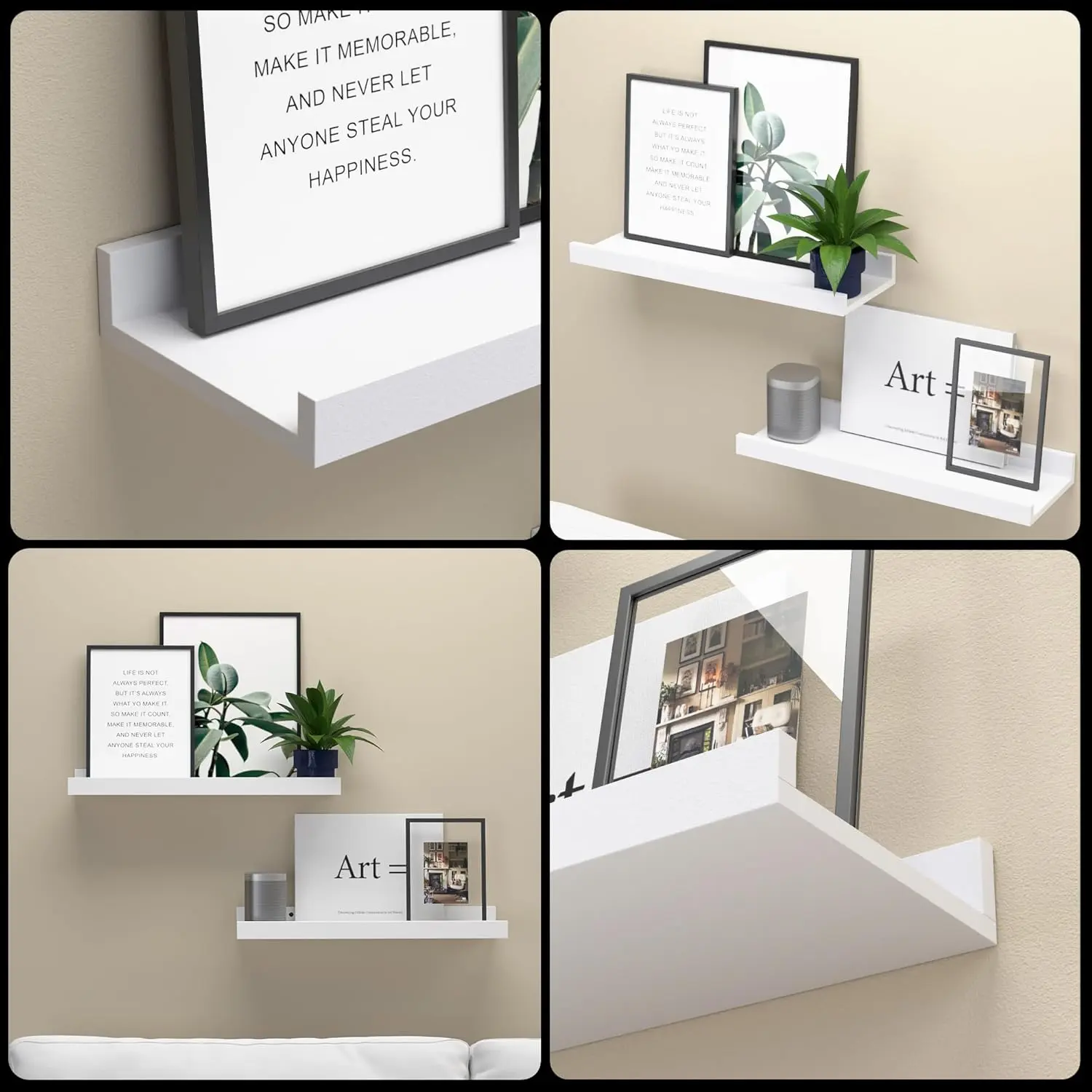 This set of two white floating shelves with a front lip provides sturdy and stylish wall-mounted storage for displaying pictures, books, plants, and decorative items in any room.
