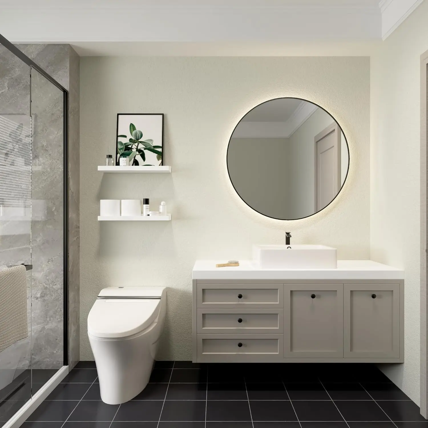 This set of two white floating shelves with a front lip provides sturdy and stylish wall-mounted storage for displaying pictures, books, plants, and decorative items in any room.