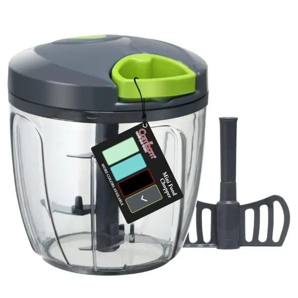 This manual food chopper and vegetable cutter features a strong nylon drawstring, three stainless steel blades, and a nonskid base, perfect for quickly chopping vegetables, fruits, and nuts.