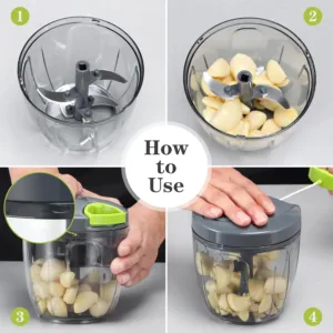 This manual food chopper and vegetable cutter features a strong nylon drawstring, three stainless steel blades, and a nonskid base, perfect for quickly chopping vegetables, fruits, and nuts.