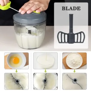 This manual food chopper and vegetable cutter features a strong nylon drawstring, three stainless steel blades, and a nonskid base, perfect for quickly chopping vegetables, fruits, and nuts.