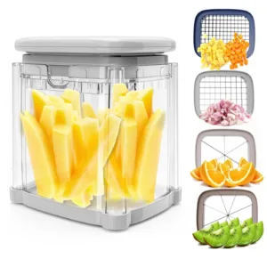 This 4-in-1 vegetable chopper and French fry cutter features interchangeable blades for dicing onions, slicing potatoes, and cutting various fruits and vegetables easily and efficiently.