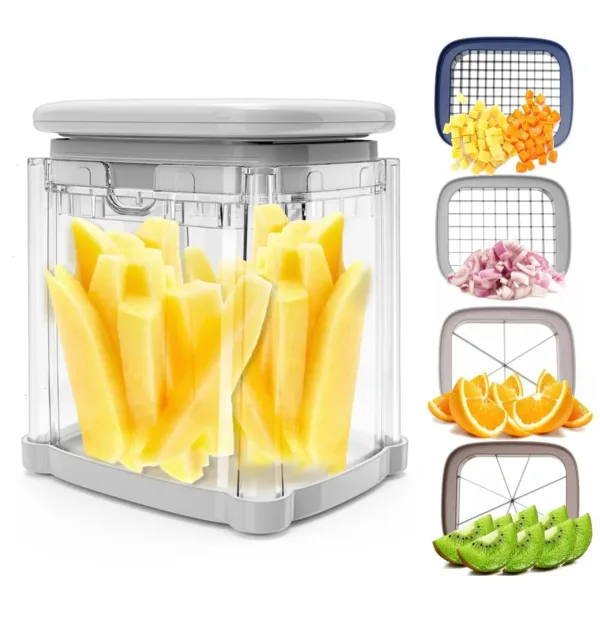 This 4-in-1 vegetable chopper and French fry cutter features interchangeable blades for dicing onions, slicing potatoes, and cutting various fruits and vegetables easily and efficiently.