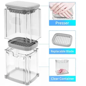 This 4-in-1 vegetable chopper and French fry cutter features interchangeable blades for dicing onions, slicing potatoes, and cutting various fruits and vegetables easily and efficiently.