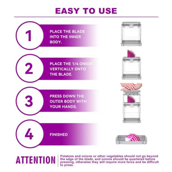 This 4-in-1 vegetable chopper and French fry cutter features interchangeable blades for dicing onions, slicing potatoes, and cutting various fruits and vegetables easily and efficiently.