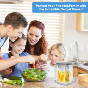 This 4-in-1 vegetable chopper and French fry cutter features interchangeable blades for dicing onions, slicing potatoes, and cutting various fruits and vegetables easily and efficiently.