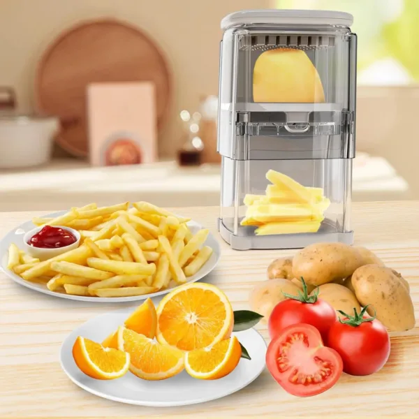 This 4-in-1 vegetable chopper and French fry cutter features interchangeable blades for dicing onions, slicing potatoes, and cutting various fruits and vegetables easily and efficiently.