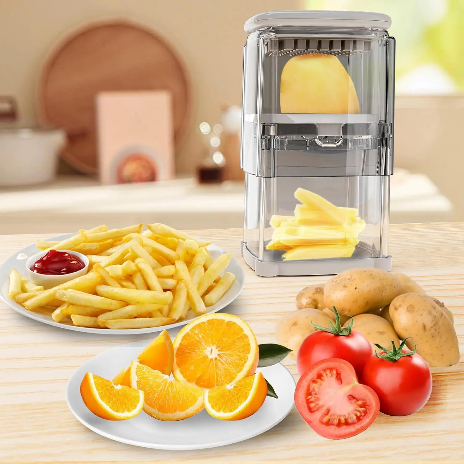 This 4-in-1 vegetable chopper and French fry cutter features interchangeable blades for dicing onions, slicing potatoes, and cutting various fruits and vegetables easily and efficiently.