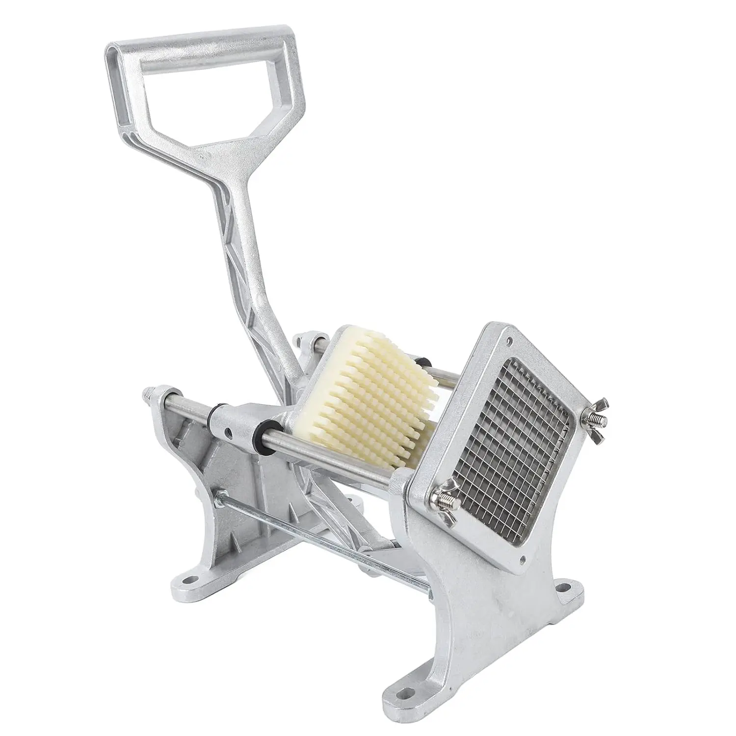 This heavy-duty stainless steel french fry cutter effortlessly slices potatoes and other vegetables with its labor-saving handle.