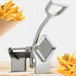 This heavy-duty stainless steel french fry cutter effortlessly slices potatoes and other vegetables with its labor-saving handle.