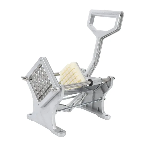 This heavy-duty stainless steel french fry cutter effortlessly slices potatoes and other vegetables with its labor-saving handle.