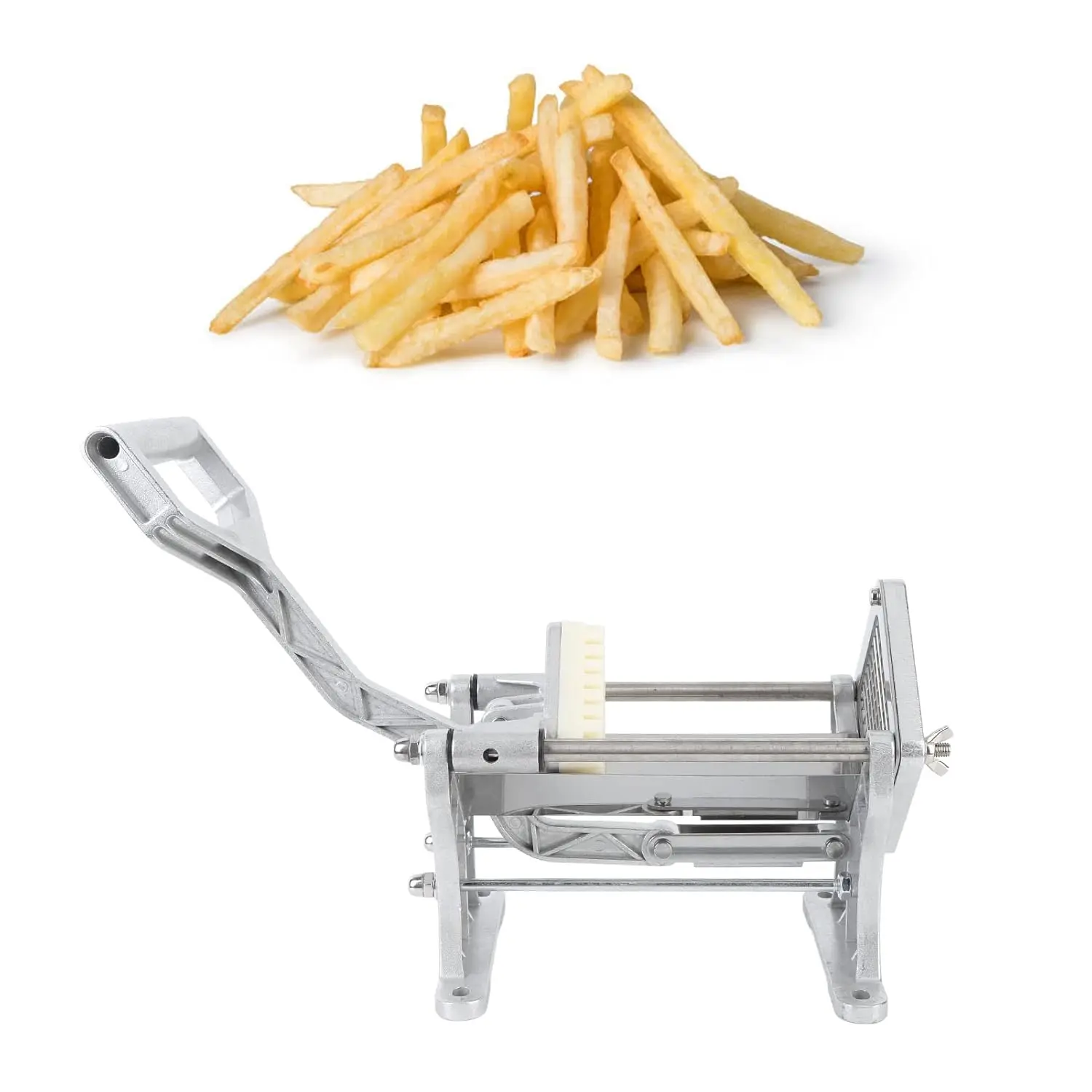 This heavy-duty stainless steel french fry cutter effortlessly slices potatoes and other vegetables with its labor-saving handle.