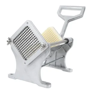 This heavy-duty stainless steel french fry cutter effortlessly slices potatoes and other vegetables with its labor-saving handle.
