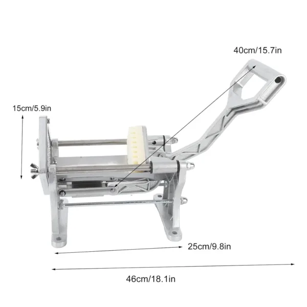 This heavy-duty stainless steel french fry cutter effortlessly slices potatoes and other vegetables with its labor-saving handle.