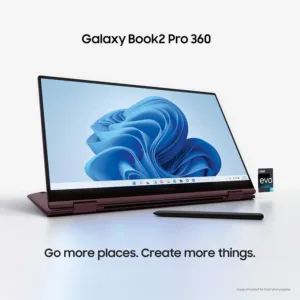 The Samsung Galaxy Book2 Pro 360 is a thin and light 2-in-1 laptop with an S Pen, Intel Evo i5 processor, 8 GB RAM, and 256 GB of storage in silver, perfect for productivity and creativity.