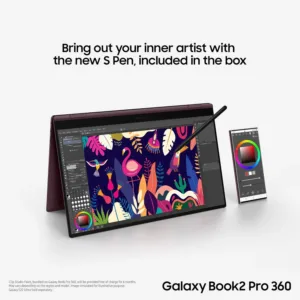 The Samsung Galaxy Book2 Pro 360 is a thin and light 2-in-1 laptop with an S Pen, Intel Evo i5 processor, 8 GB RAM, and 256 GB of storage in silver, perfect for productivity and creativity.