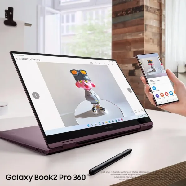 The Samsung Galaxy Book2 Pro 360 is a thin and light 2-in-1 laptop with an S Pen, Intel Evo i5 processor, 8 GB RAM, and 256 GB of storage in silver, perfect for productivity and creativity.