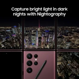 The Samsung Galaxy S22 Ultra in Phantom Black boasts a stunning 8K camera, embedded S Pen, a bright display, and long battery life for all-day use.