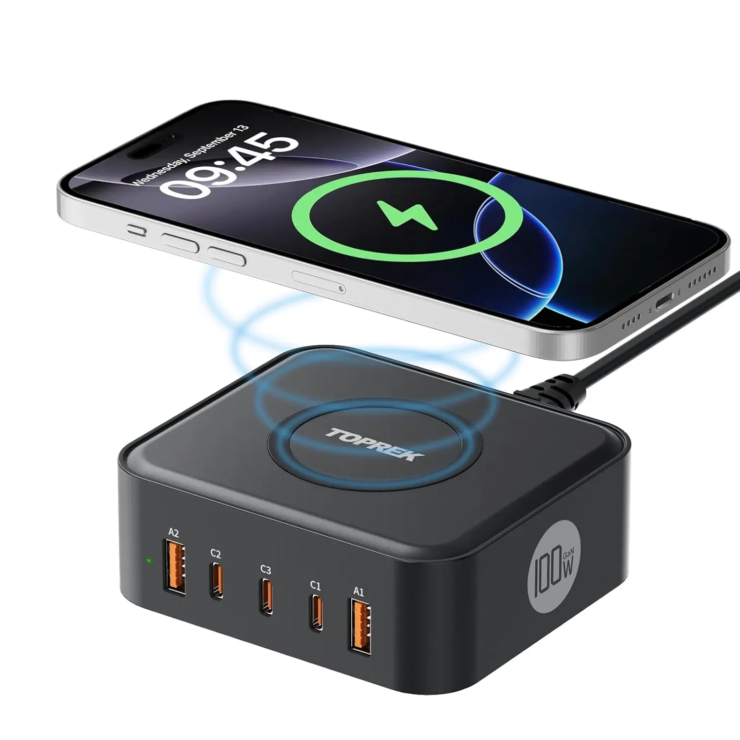 This 100W GaN charging station features three USB-C ports, two USB-A ports, and a 15W wireless charger for simultaneously powering up to six devices, making it ideal for home, office, and travel.