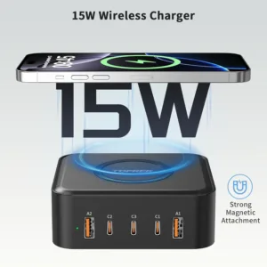 This 100W GaN charging station features three USB-C ports, two USB-A ports, and a 15W wireless charger for simultaneously powering up to six devices, making it ideal for home, office, and travel.