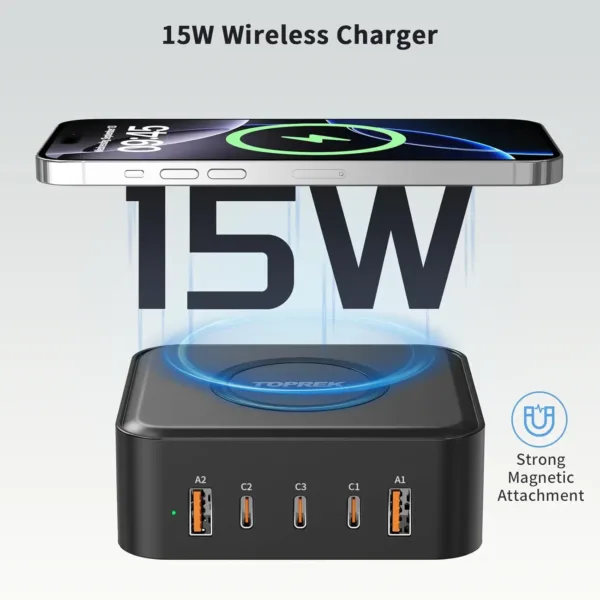 This 100W GaN charging station features three USB-C ports, two USB-A ports, and a 15W wireless charger for simultaneously powering up to six devices, making it ideal for home, office, and travel.
