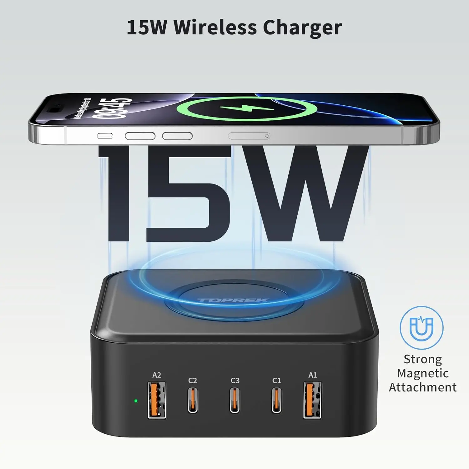 This 100W GaN charging station features three USB-C ports, two USB-A ports, and a 15W wireless charger for simultaneously powering up to six devices, making it ideal for home, office, and travel.