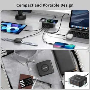 This 100W GaN charging station features three USB-C ports, two USB-A ports, and a 15W wireless charger for simultaneously powering up to six devices, making it ideal for home, office, and travel.