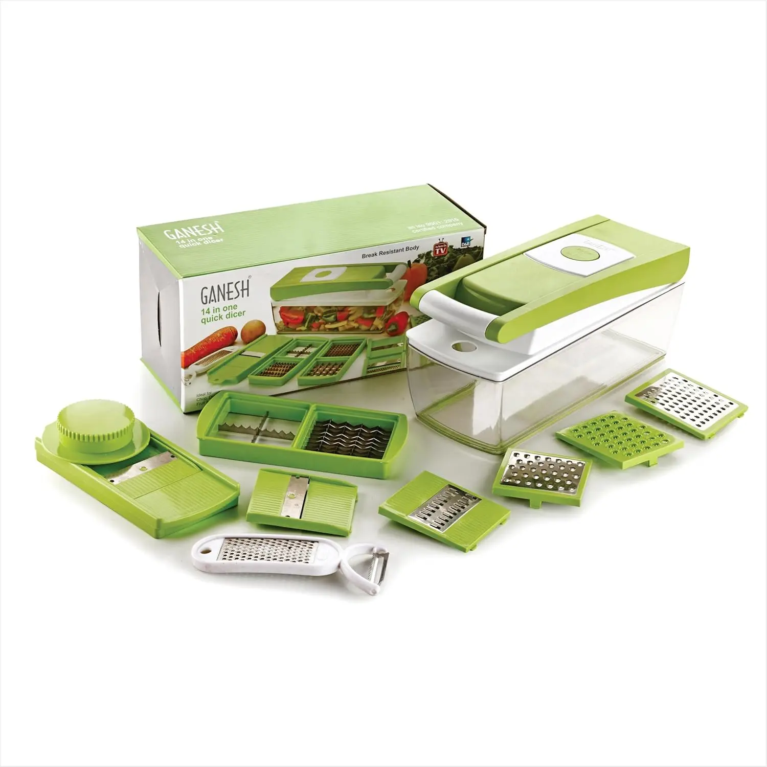 This is a multipurpose Ganesh 14 in 1 vegetable chopper with a break-resistant container, rubber grip base, stainless steel blades, and an easy push to clean button for dicing, grating, peeling, and slicing fruits and vegetables safely and easily.