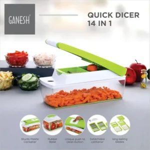 This is a multipurpose Ganesh 14 in 1 vegetable chopper with a break-resistant container, rubber grip base, stainless steel blades, and an easy push to clean button for dicing, grating, peeling, and slicing fruits and vegetables safely and easily.