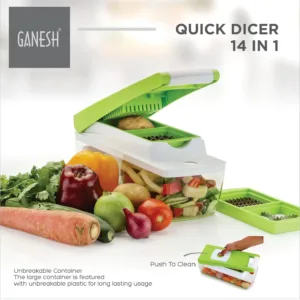 This is a multipurpose Ganesh 14 in 1 vegetable chopper with a break-resistant container, rubber grip base, stainless steel blades, and an easy push to clean button for dicing, grating, peeling, and slicing fruits and vegetables safely and easily.