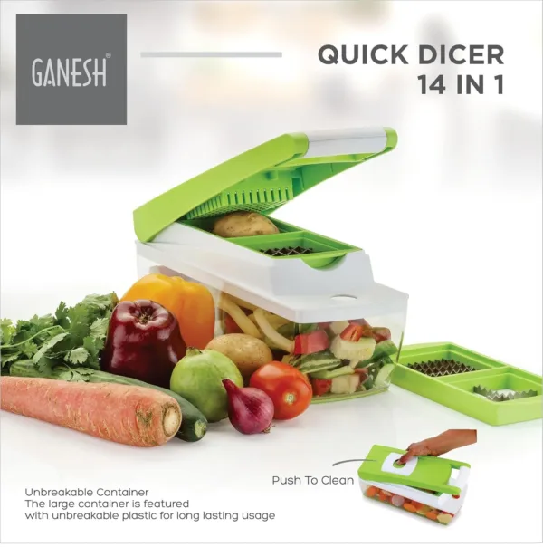 This is a multipurpose Ganesh 14 in 1 vegetable chopper with a break-resistant container, rubber grip base, stainless steel blades, and an easy push to clean button for dicing, grating, peeling, and slicing fruits and vegetables safely and easily.